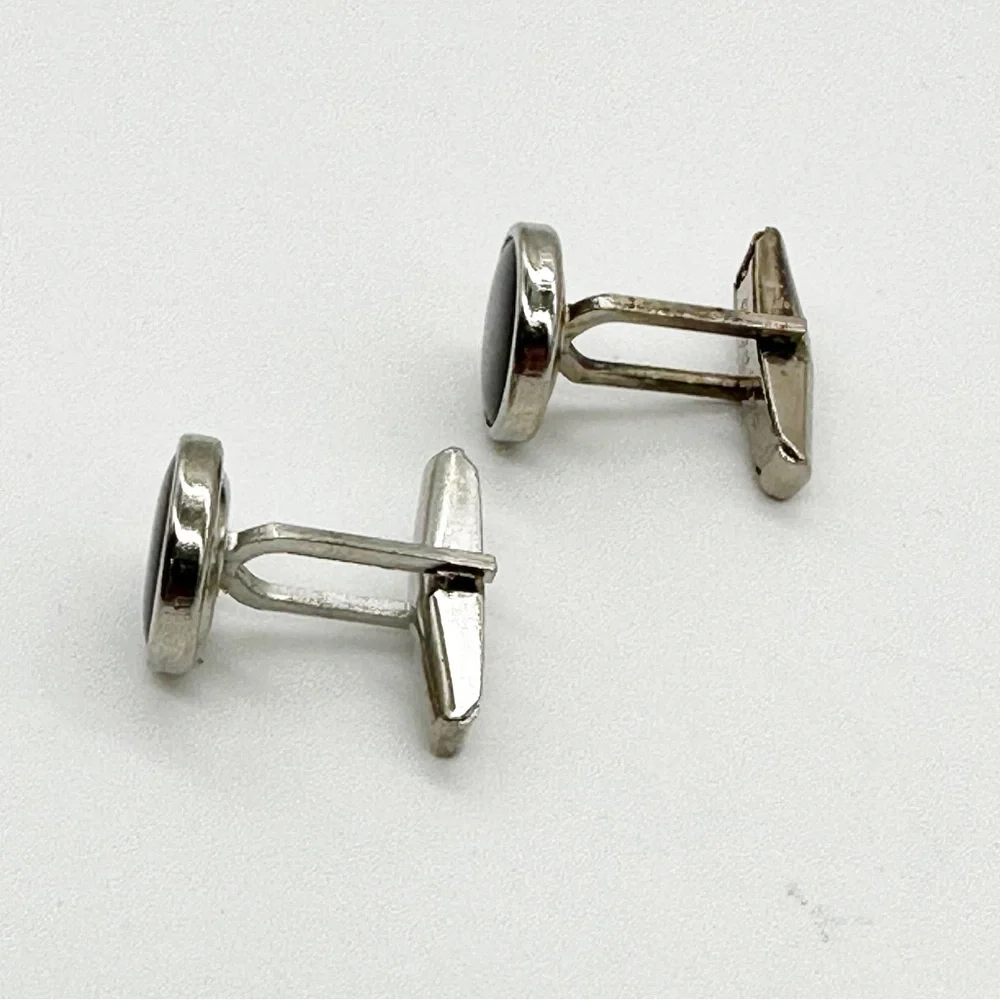 Vintage Silver Tone Smoke Grey Stone Round Cufflinks Unsigned